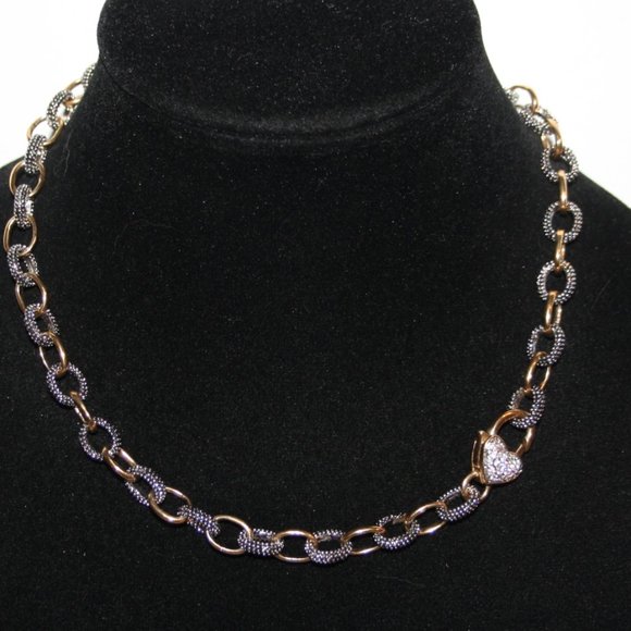 Vintagejelyfish Jewelry - Gold and silver link necklace with heart and cz lobster claw 18" statement piece